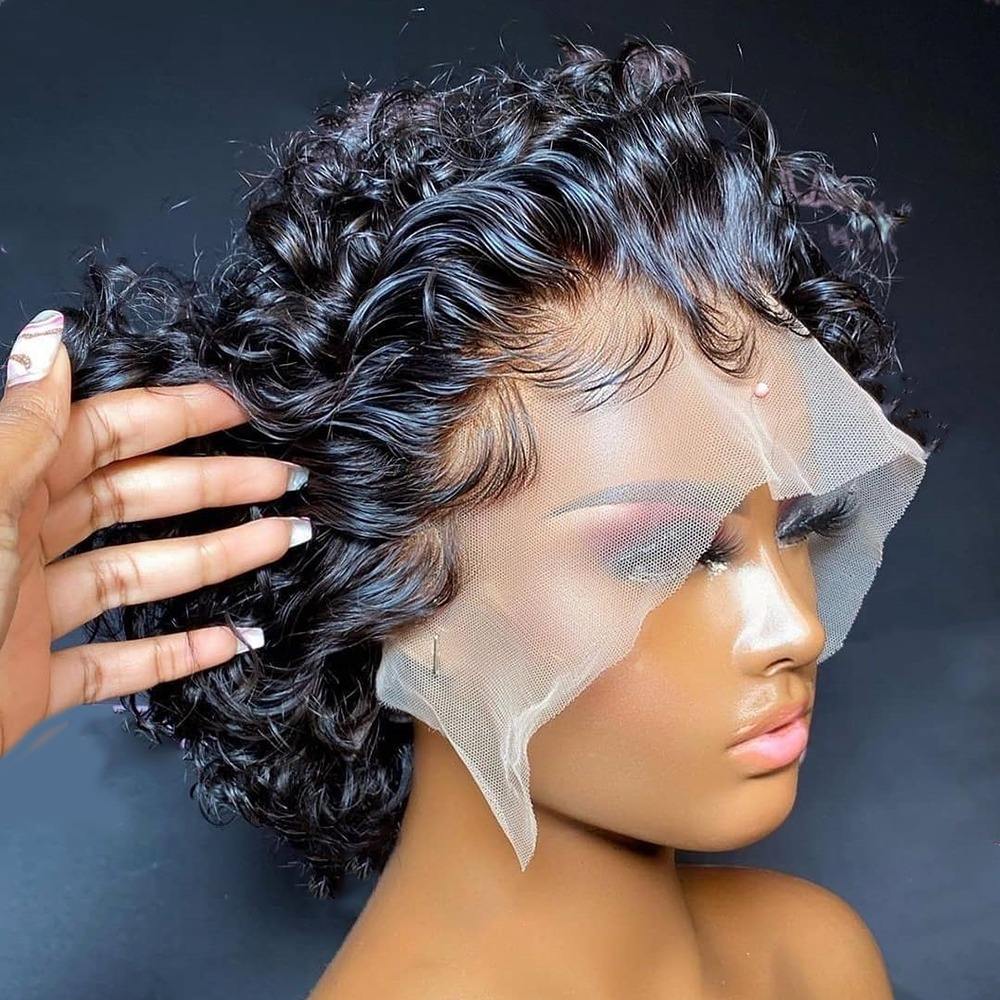 Short Pixie Cut Curly Wig Natural Black Human Hair Bob Wig - Doaburu Hair