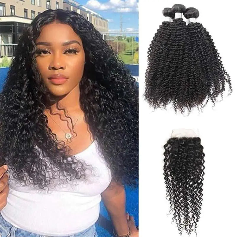 Natural Black 3 Bundles Kinky Curly Brazilian Virgin Hair With 5*5 Lace Closure - Doaburu Hair