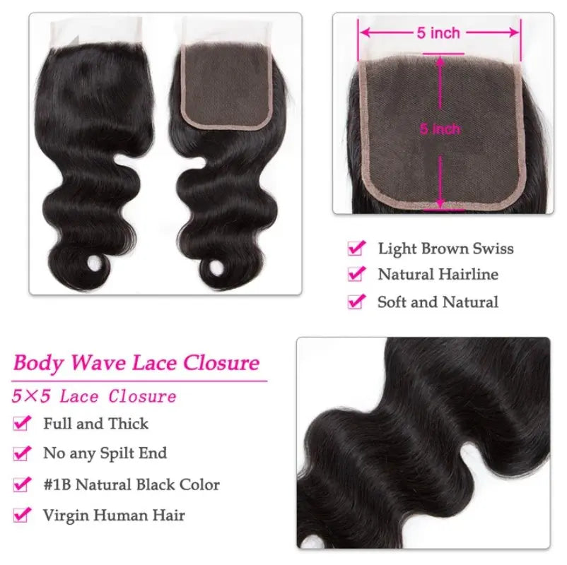 Natural Black 3 Bundles Loose Wave Brazilian Virgin Hair With 5*5 Lace Closure - Doaburu Hair