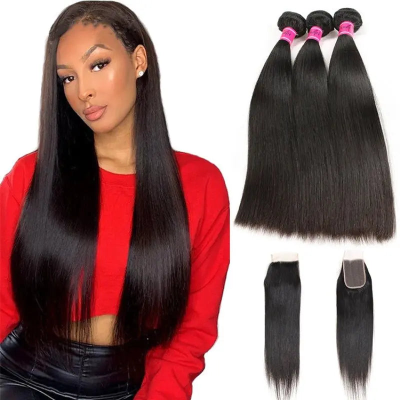 Natural Black 3 Bundles Straight Brazilian Virgin Hair With 5*5 Lace Closure - Doaburu Hair