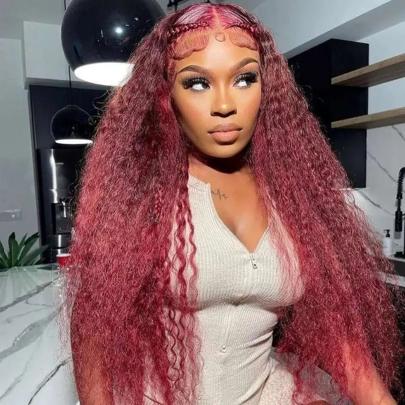 Vibrant Burgundy Red Yaki Straight 13x4 4x4 Lace Frontal Wigs - Doaburu Hair